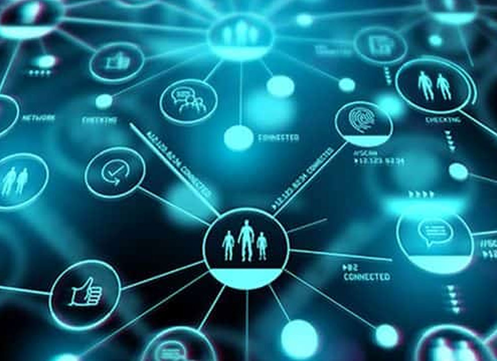 Technology icons and text in bubbles connected like a mind map